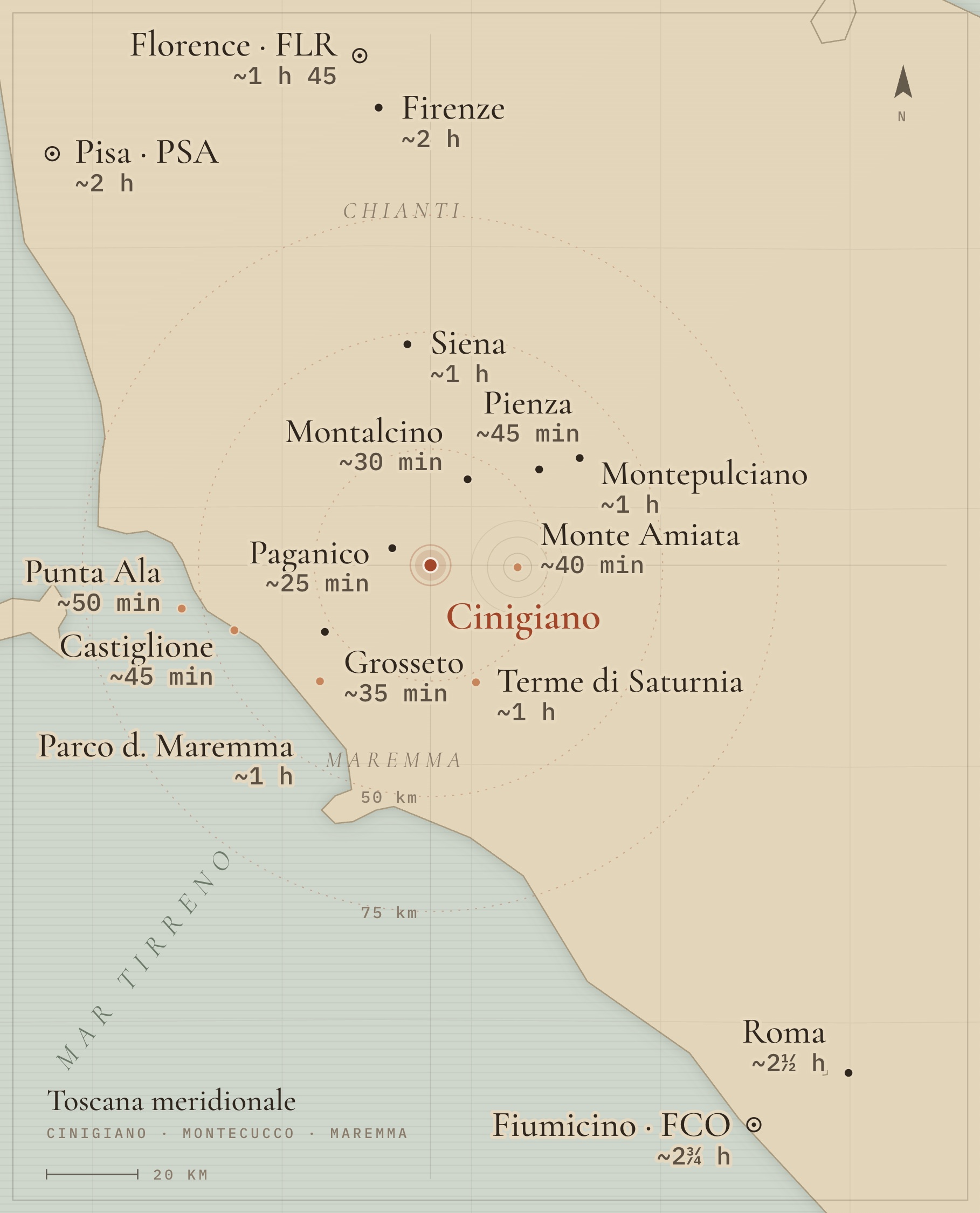 Map of southern Tuscany: the estate at Cinigiano with driving times to the hill towns, the coast and the airports