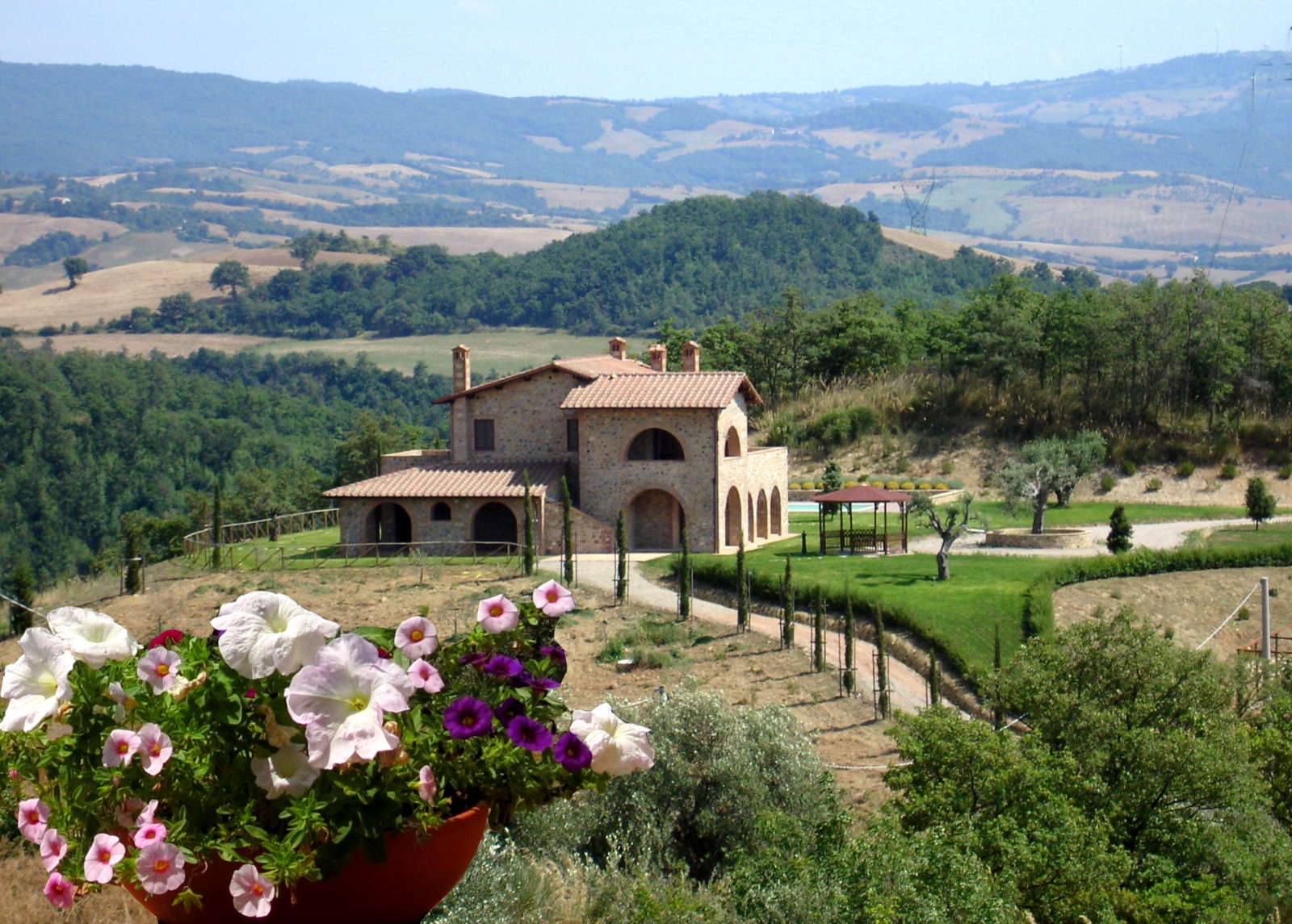 The casale on its hill, seen across the vineyard and olive terraces