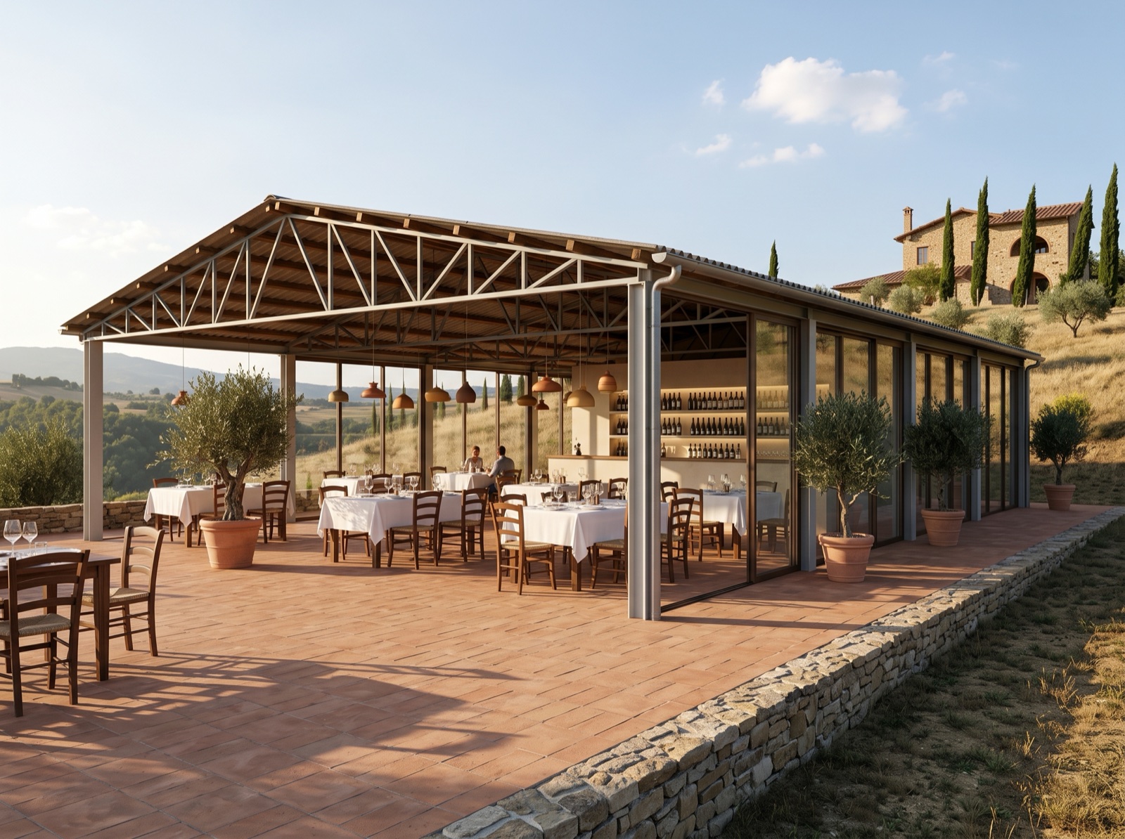 Visualisation: the warehouse converted into a restaurant, glazed between its existing columns