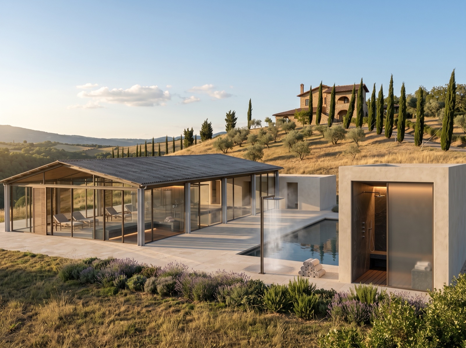 Visualisation: the warehouse converted into a spa, with a long pool under the existing roof